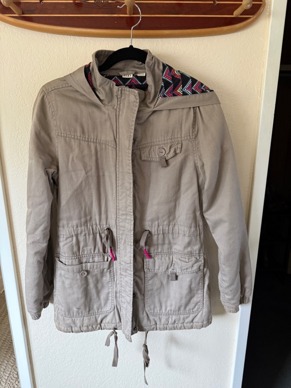 Roxy Taupe Utility Jacket with Pink & Multicolor Trim